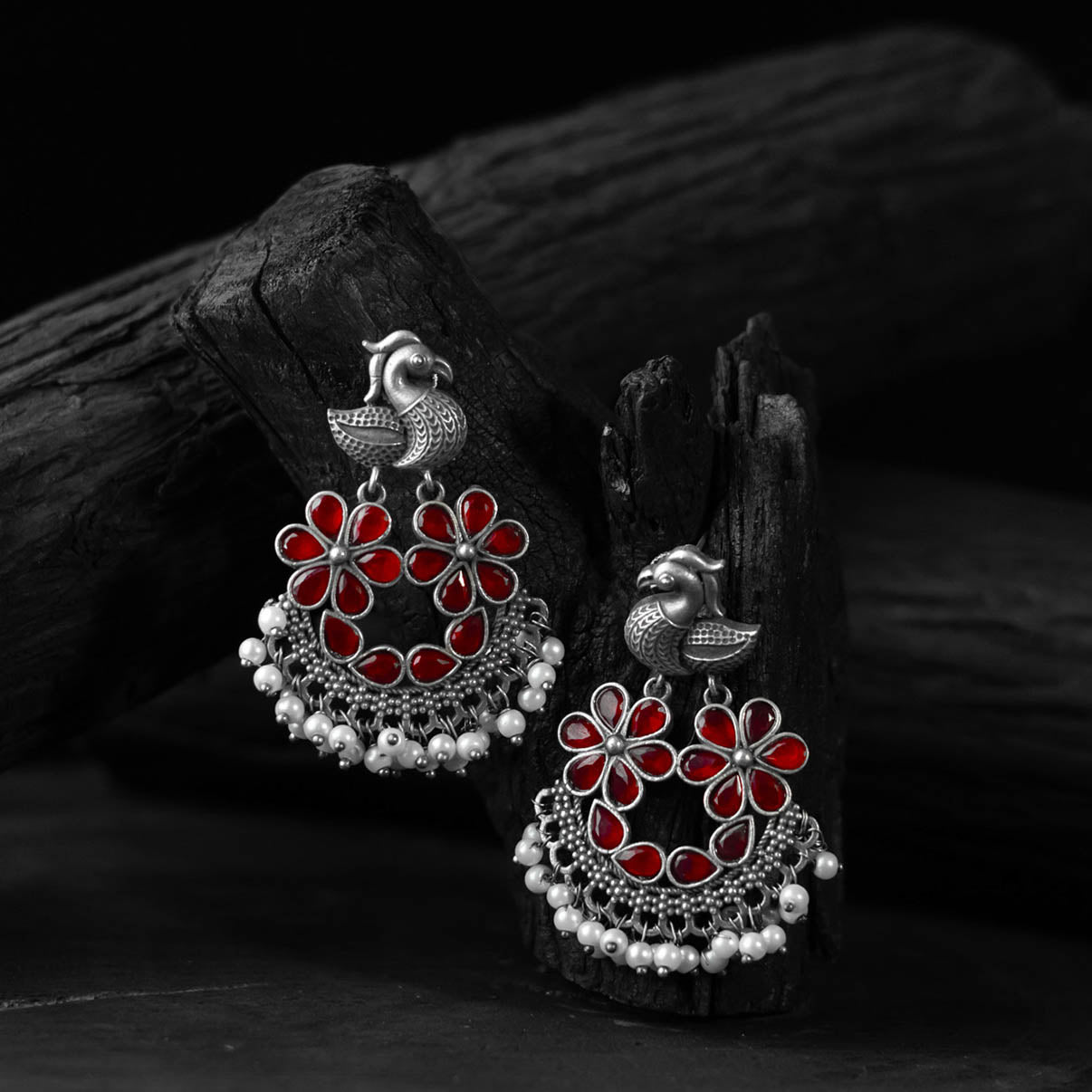 Red - saanjh bela bird oxidised earrings - handcrafted