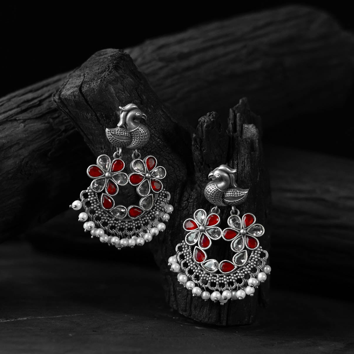 Red - saanjh bela bird oxidised earrings - handcrafted