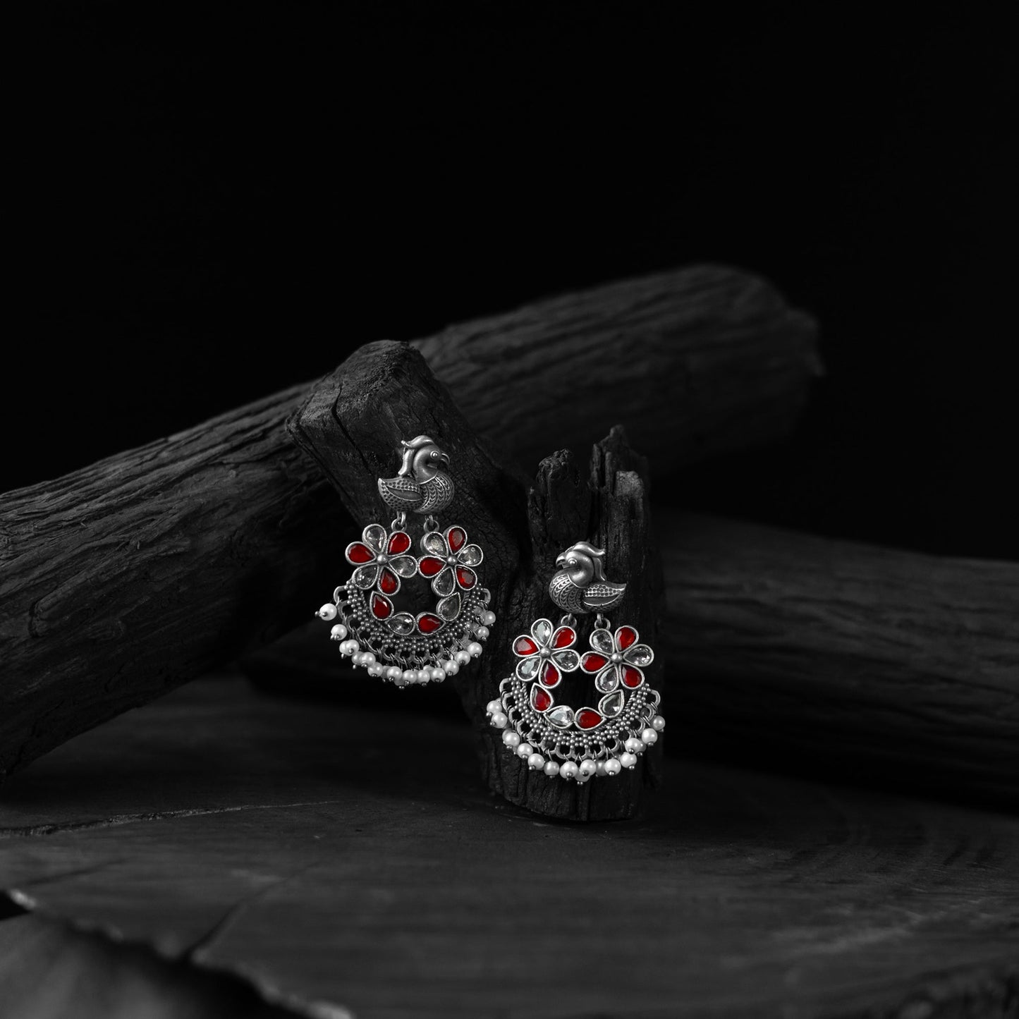 Red - saanjh bela bird oxidised earrings - handcrafted