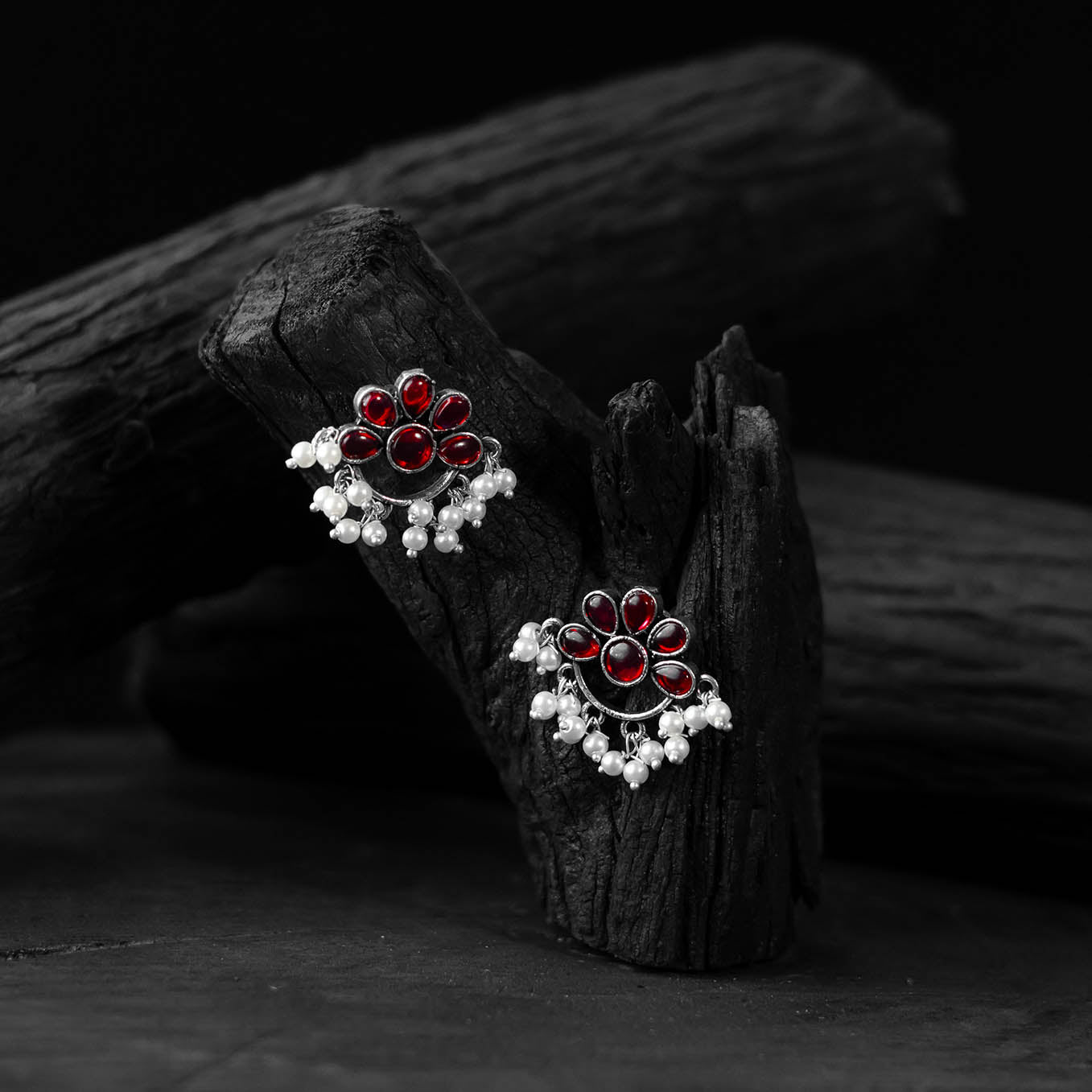 Red - saanjh bela bloom oxidised earrings - handcrafted