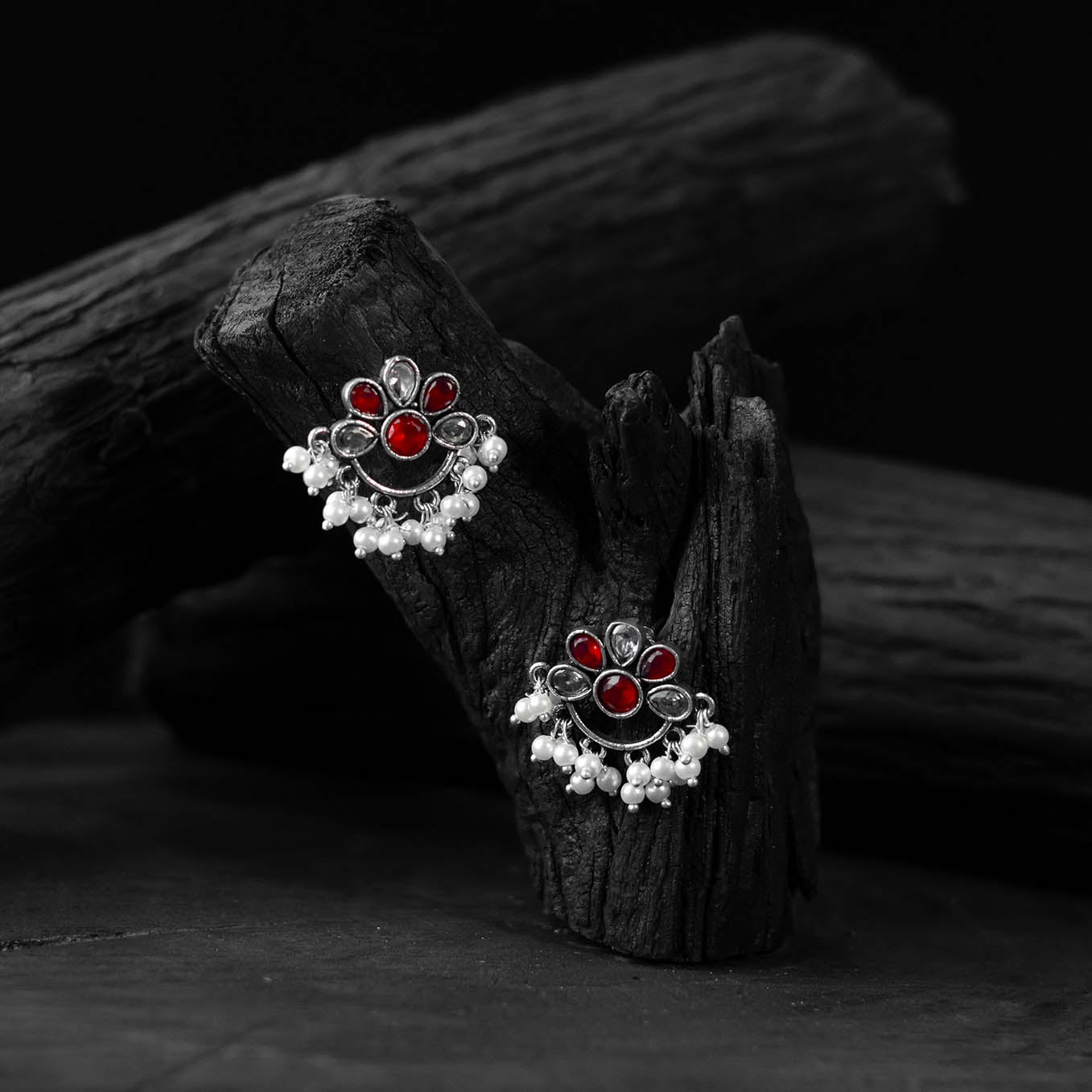 Red - saanjh bela bloom oxidised earrings - handcrafted