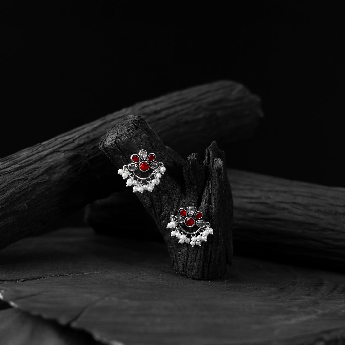 Red - saanjh bela bloom oxidised earrings - handcrafted