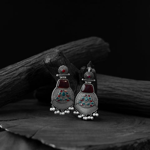 Red - saanjh bela blossom oxidised earrings - handcrafted