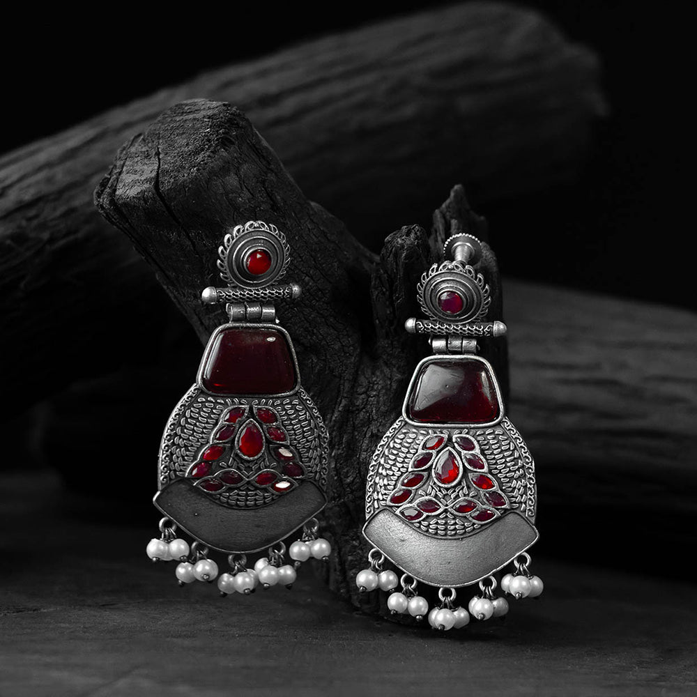 Red - saanjh bela blossom oxidised earrings - handcrafted