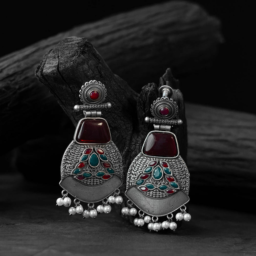 Red - saanjh bela blossom oxidised earrings - handcrafted
