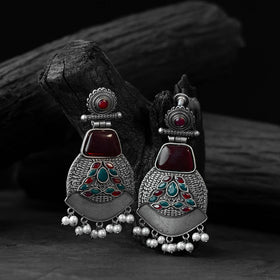 Red - saanjh bela blossom oxidised earrings - handcrafted