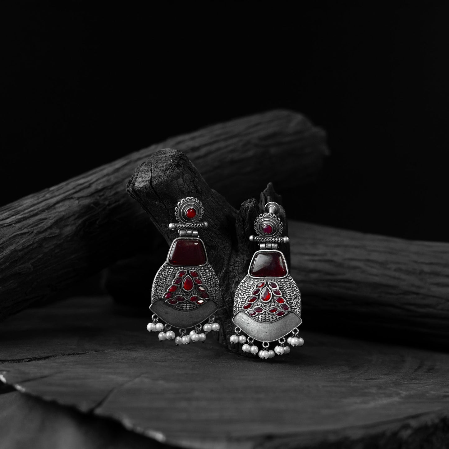 Red - saanjh bela blossom oxidised earrings - handcrafted