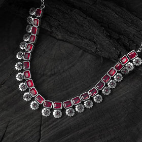 Red - saanjh bela blossom oxidised necklace set