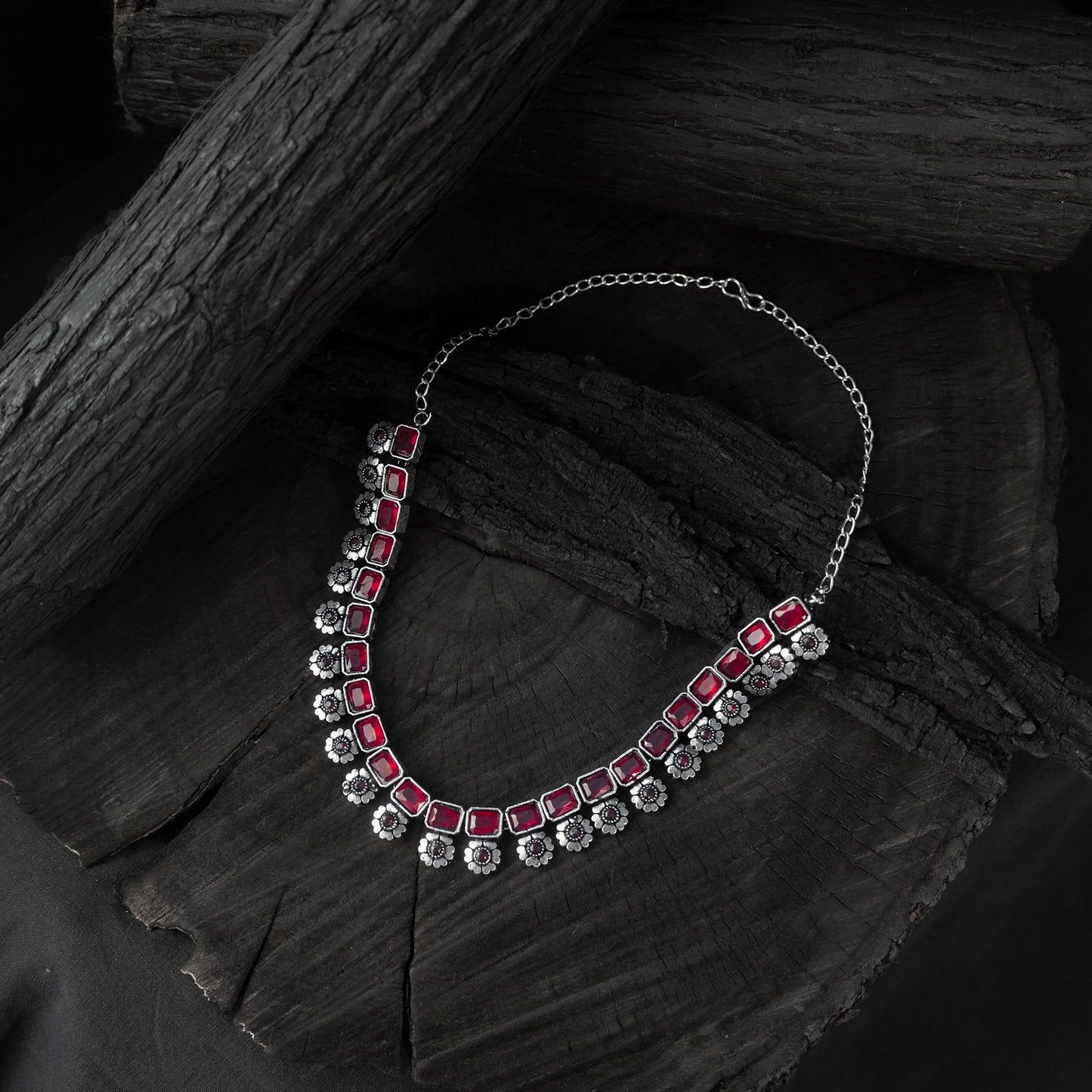 Red - saanjh bela blossom oxidised necklace set