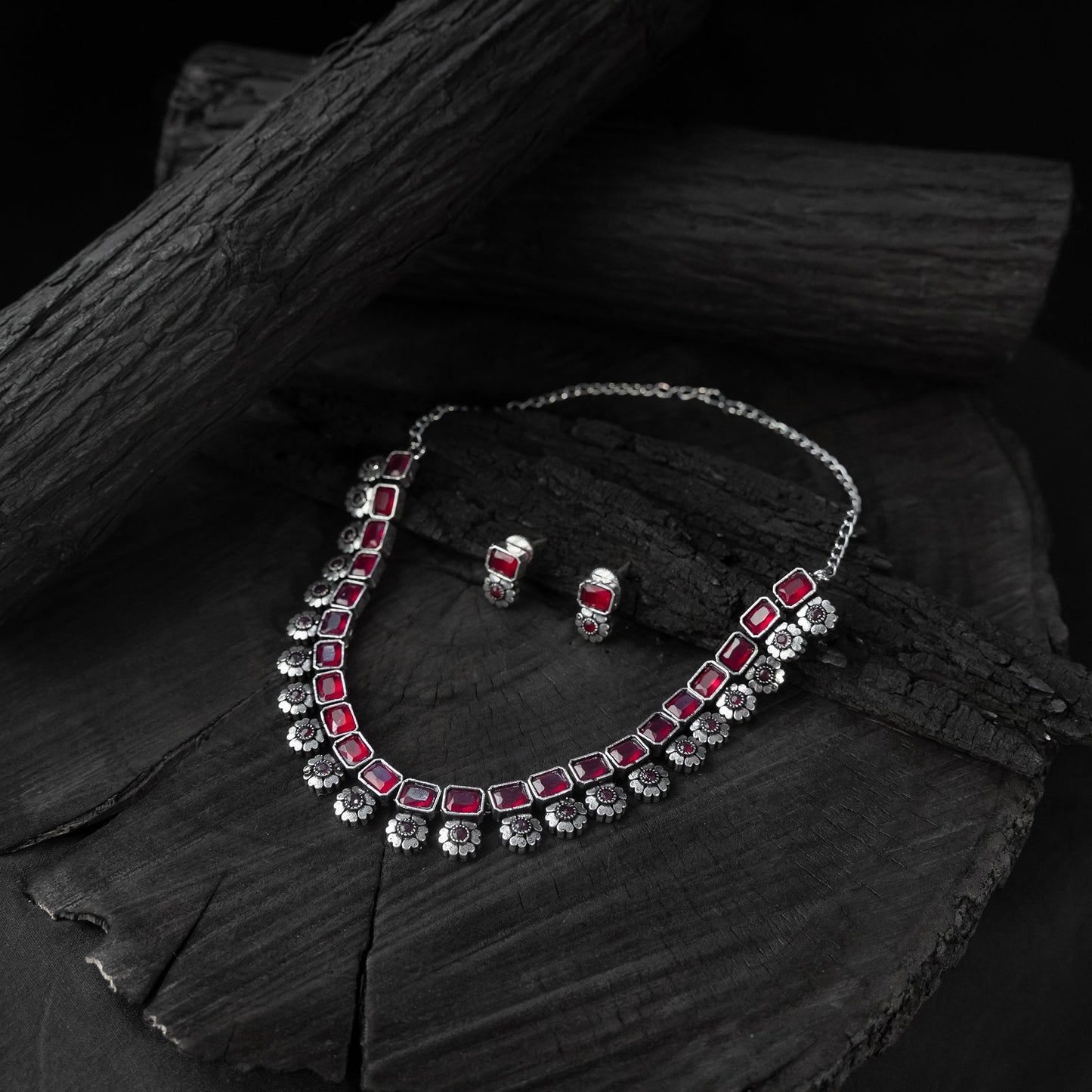 Red - saanjh bela blossom oxidised necklace set