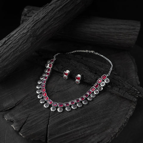 Red - saanjh bela blossom oxidised necklace set
