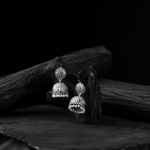 Red - saanjh bela blossom & peacock oxidised jhumka