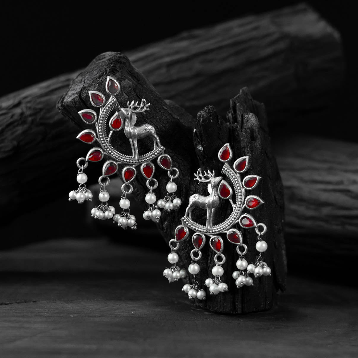 Red - saanjh bela deer oxidised earrings - handcrafted