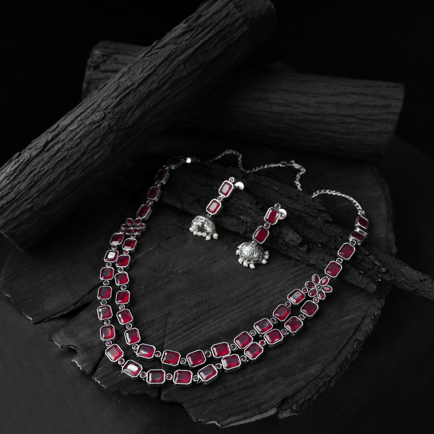 Red - saanjh bela double layered oxidised necklace set