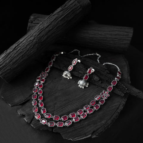 Red - saanjh bela double layered oxidised necklace set