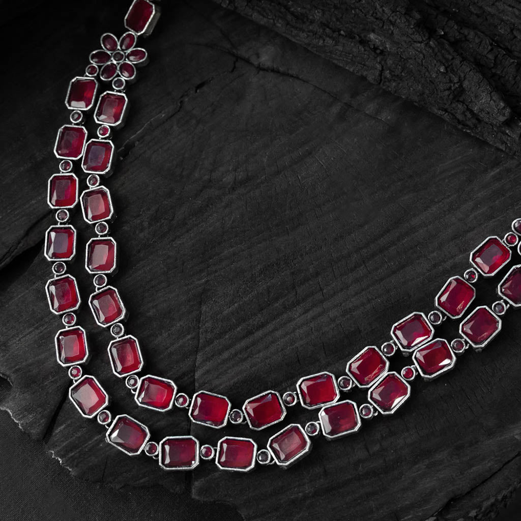 Red - saanjh bela double layered oxidised necklace set