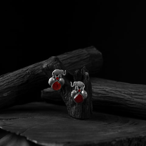 Red - saanjh bela elephant & leaves oxidised earrings
