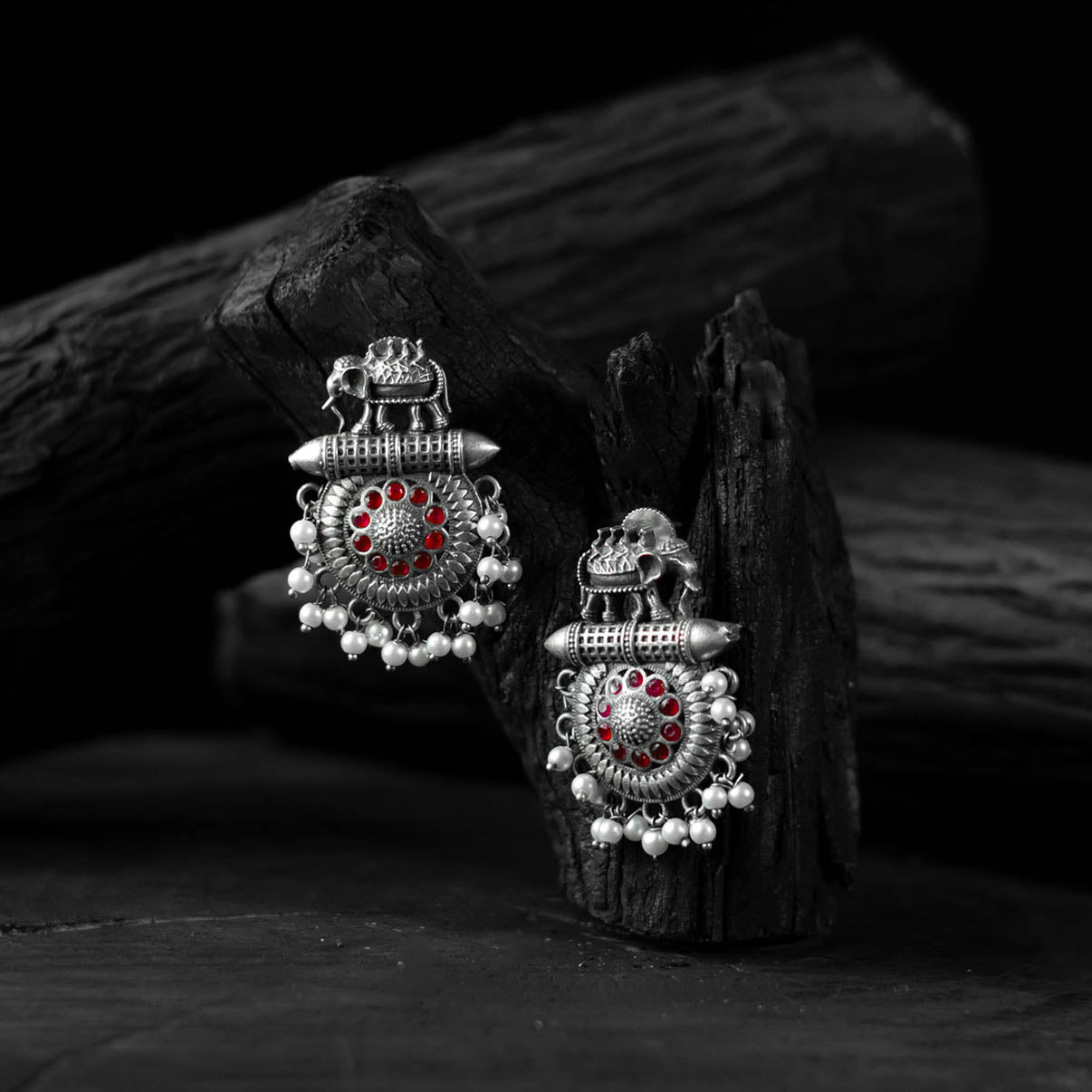 Red - saanjh bela elephant motif oxidised earrings