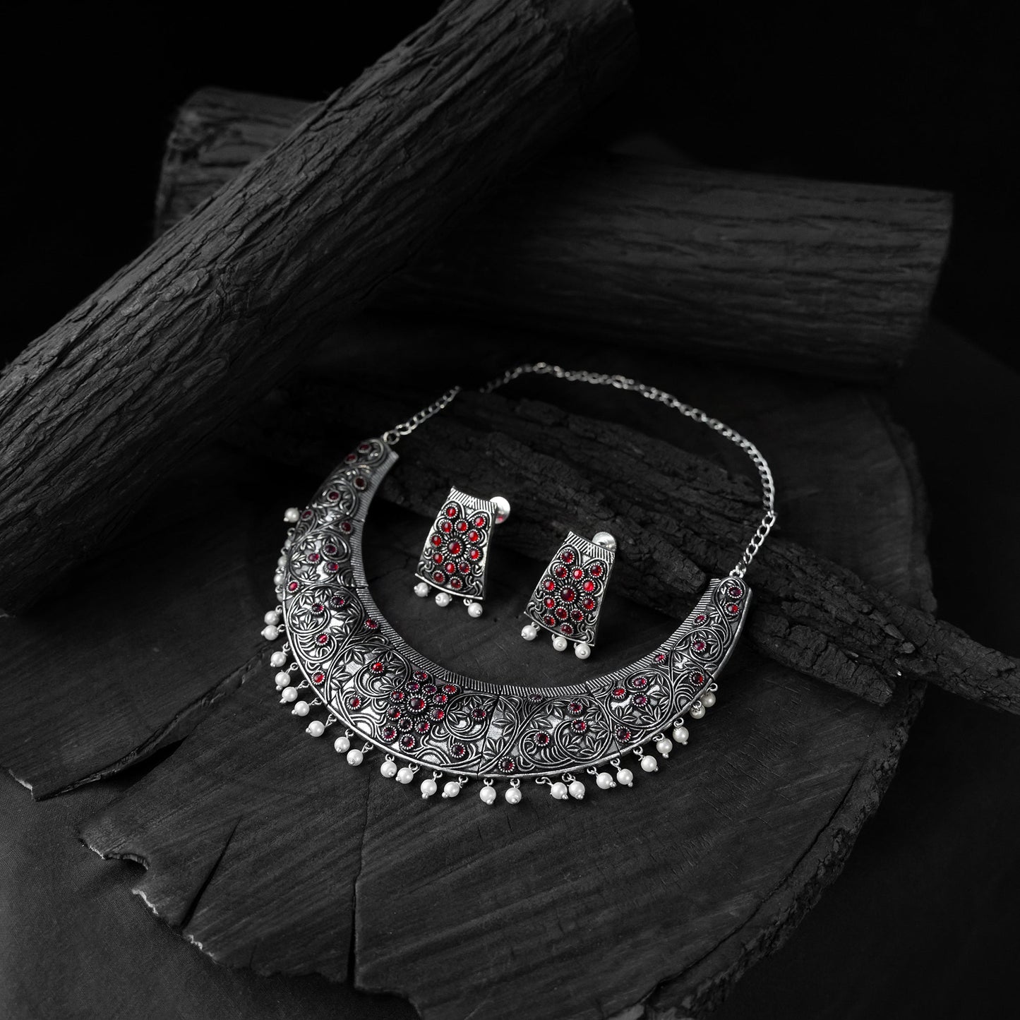 Red - saanjh bela floral oxidised necklace set - handcrafted