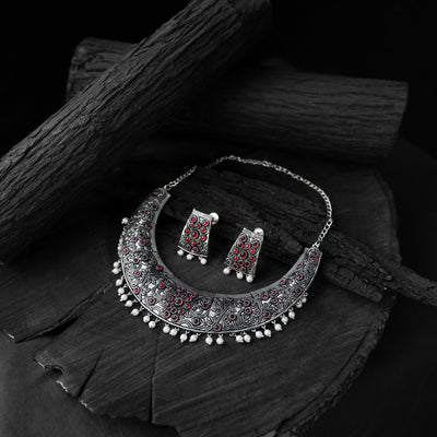 Red - saanjh bela floral oxidised necklace set - handcrafted