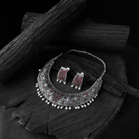 Red - saanjh bela floral oxidised necklace set - handcrafted