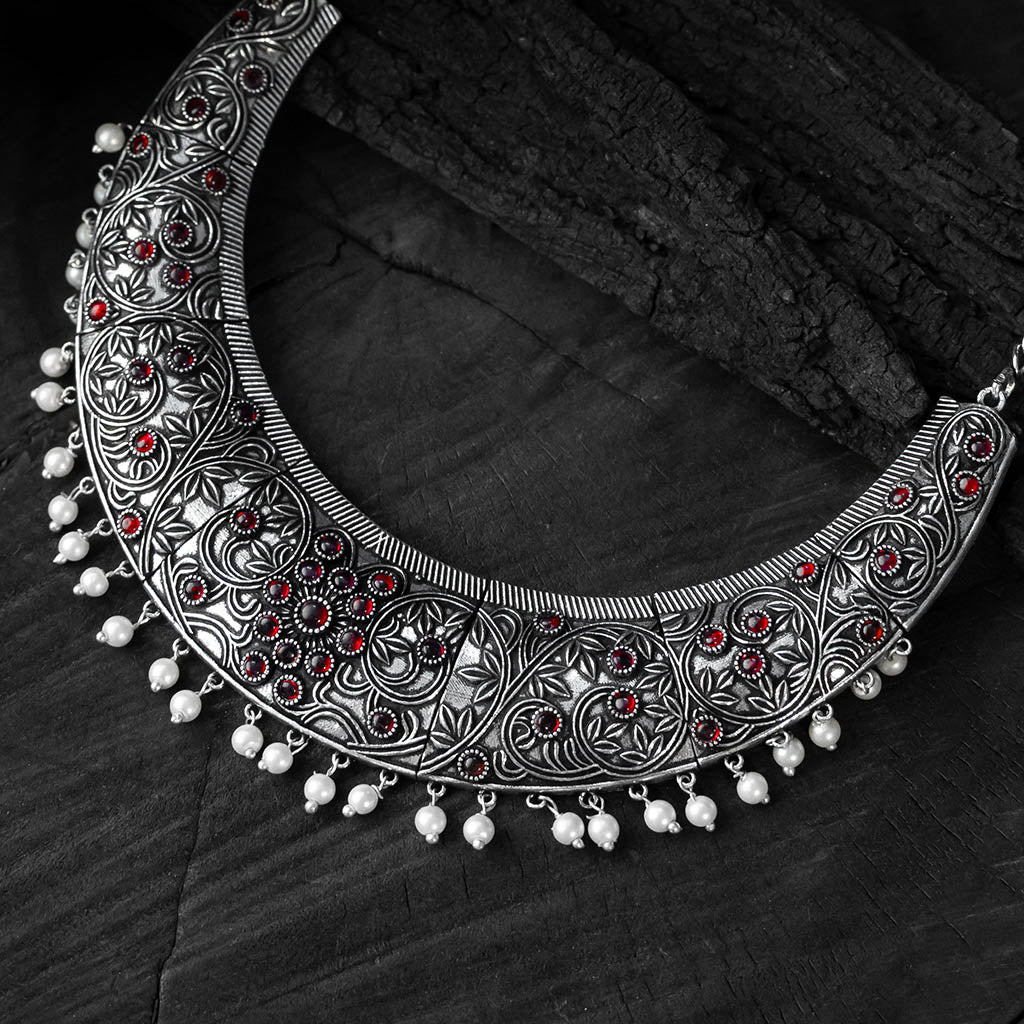 Red - saanjh bela floral oxidised necklace set - handcrafted