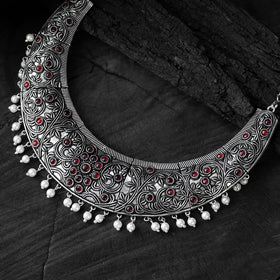 Red - saanjh bela floral oxidised necklace set - handcrafted