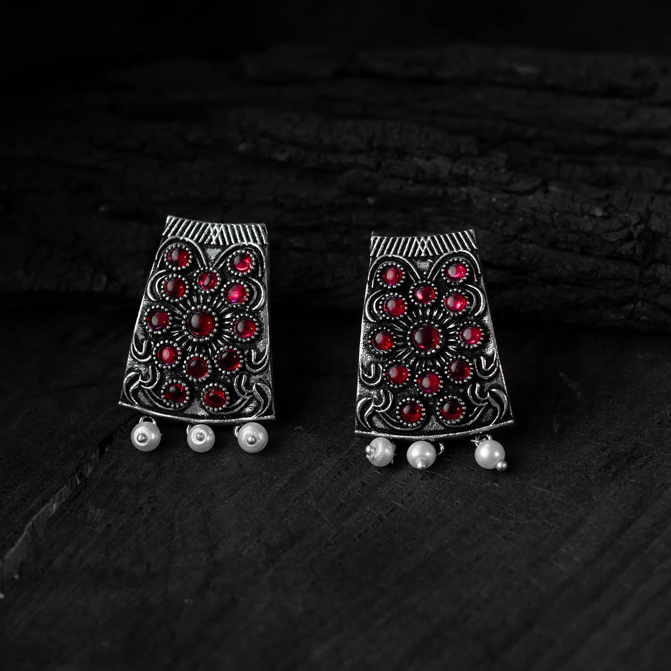 Red - saanjh bela floral oxidised necklace set - handcrafted