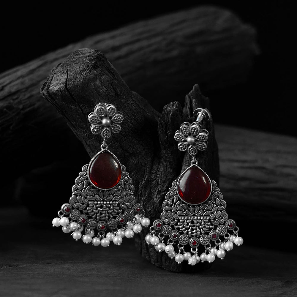 Red - saanjh bela flower oxidised earrings - handcrafted
