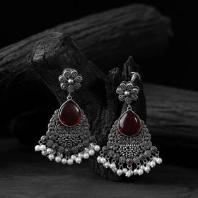 Red - saanjh bela flower oxidised earrings - handcrafted