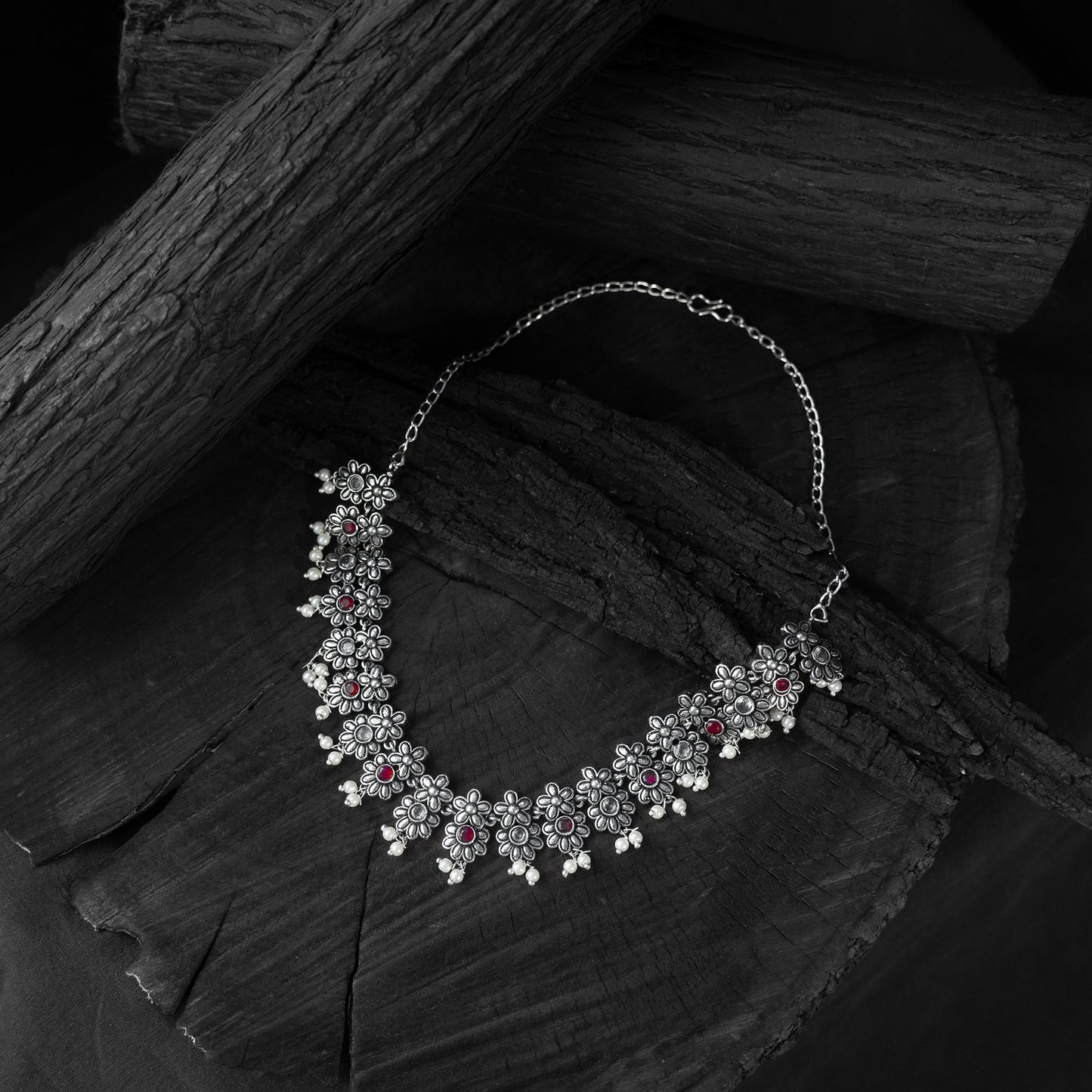 Red - saanjh bela flower oxidised necklace set - handcrafted