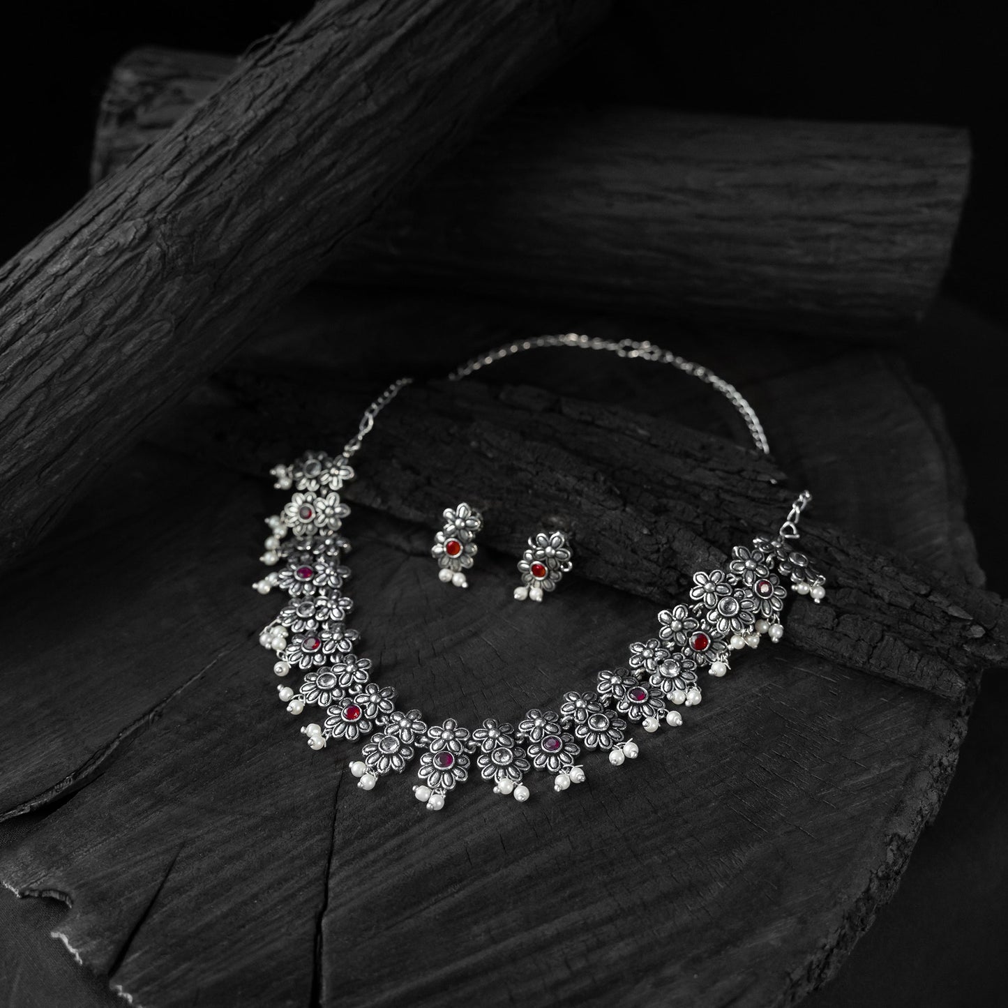 Red - saanjh bela flower oxidised necklace set - handcrafted