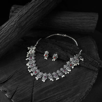 Red - saanjh bela flower oxidised necklace set - handcrafted