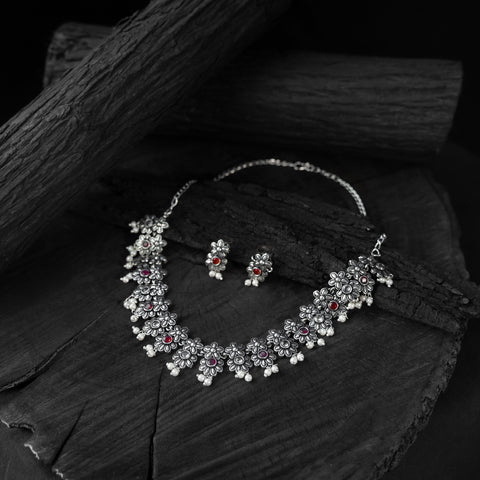 Red - saanjh bela flower oxidised necklace set - handcrafted
