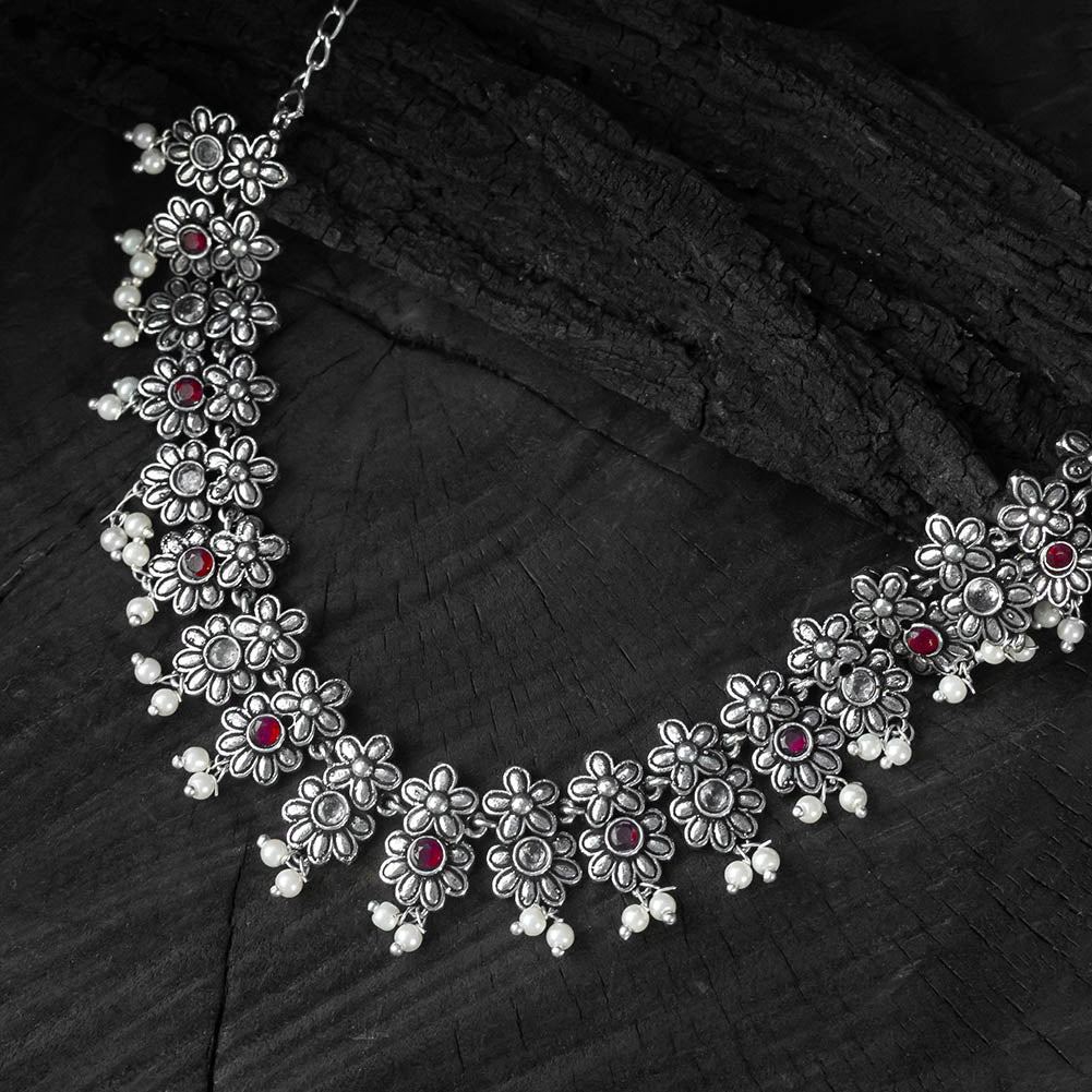 Red - saanjh bela flower oxidised necklace set - handcrafted