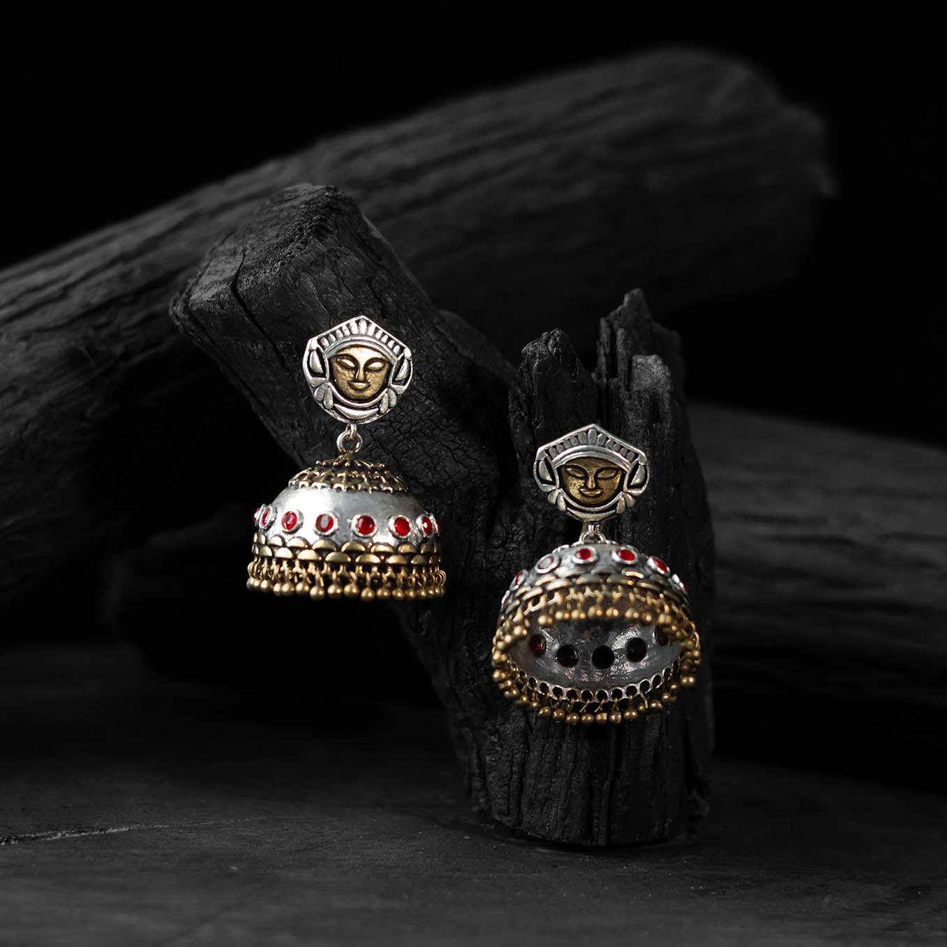 Red - saanjh bela goddess durga oxidised jhumka earrings