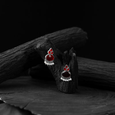 Red - saanjh bela leaf motif oxidised earrings - handcrafted