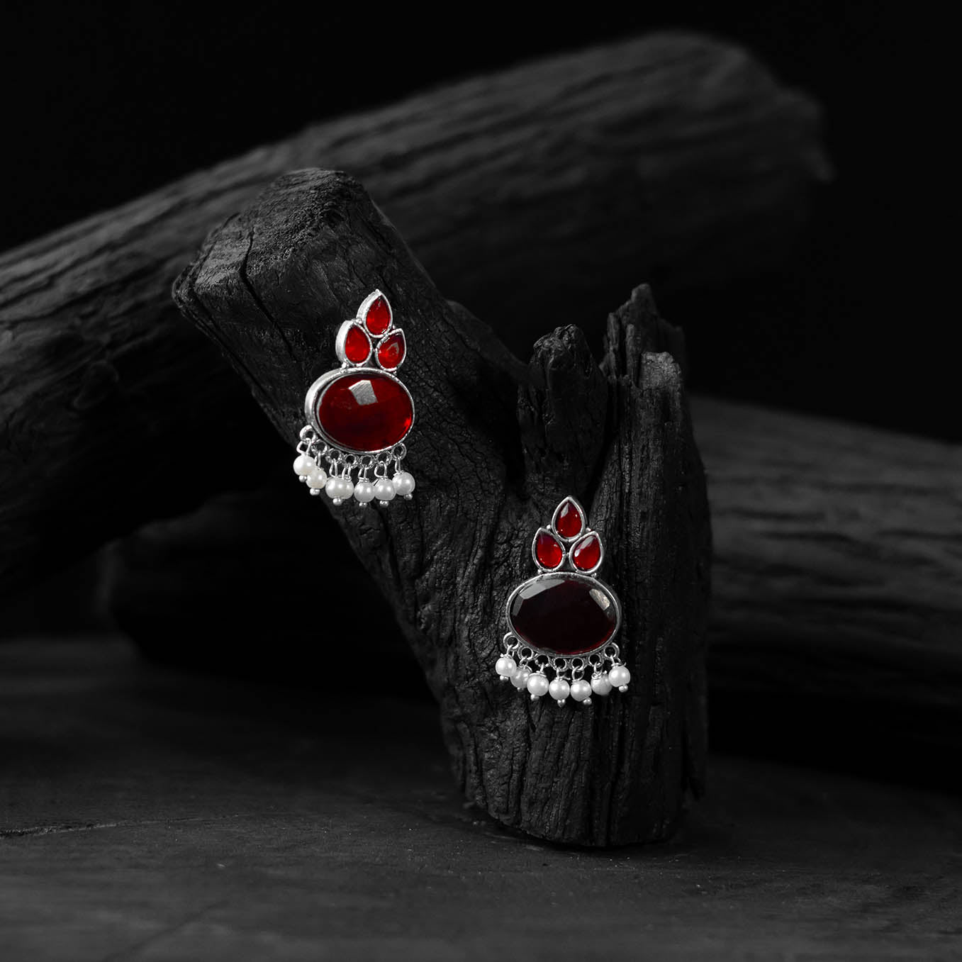 Red - saanjh bela leaf motif oxidised earrings - handcrafted