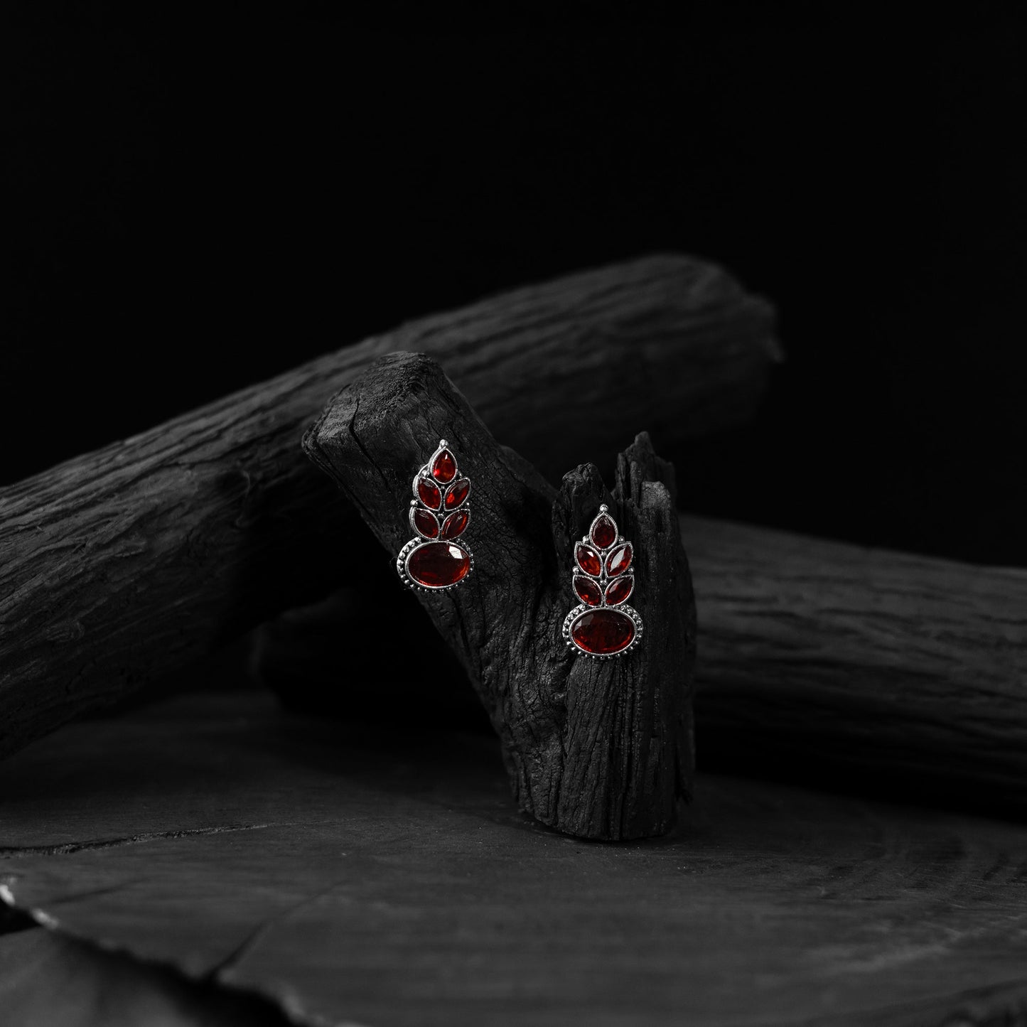 Red - saanjh bela leaf oxidised drop earrings - handcrafted