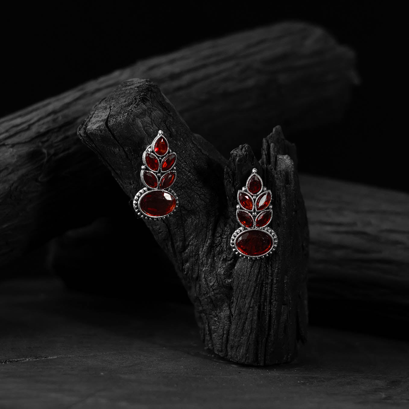 Red - saanjh bela leaf oxidised drop earrings - handcrafted