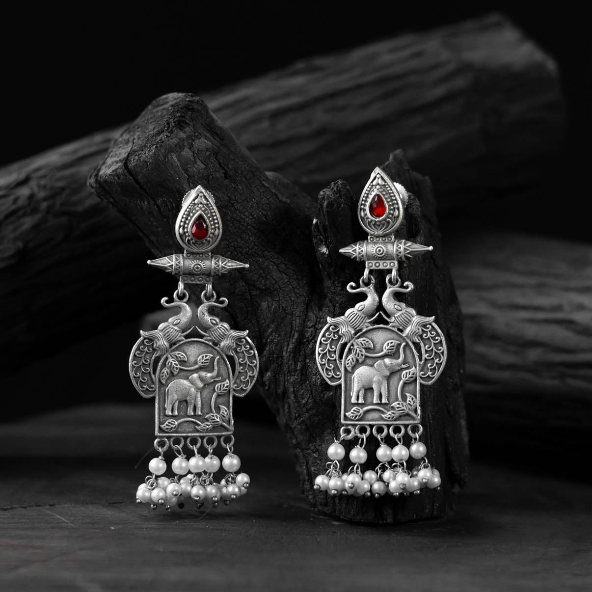 Red - saanjh bela leaves & elephant oxidised earrings