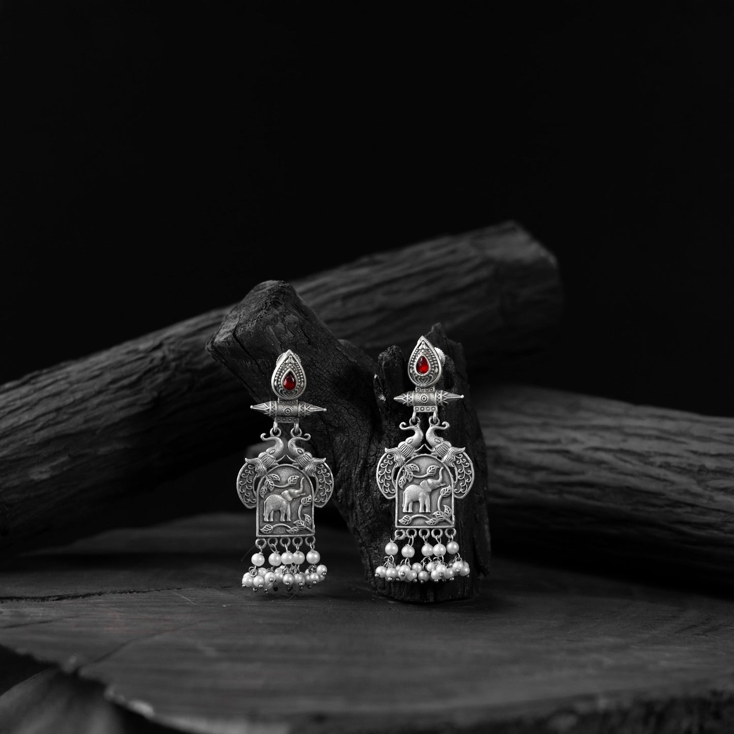 Red - saanjh bela leaves & elephant oxidised earrings