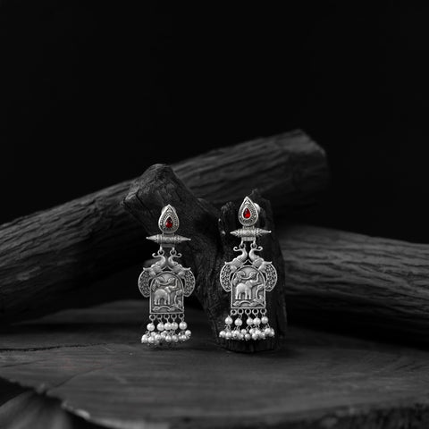 Red - saanjh bela leaves & elephant oxidised earrings