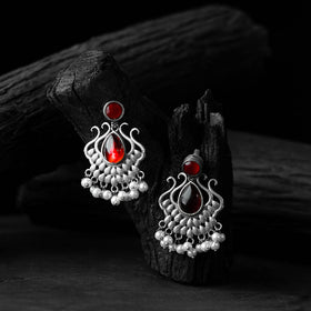 Red - saanjh bela lotus oxidised earrings - handcrafted