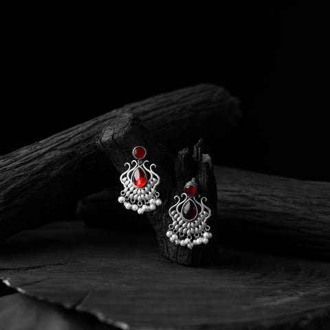 Red - saanjh bela lotus oxidised earrings - handcrafted
