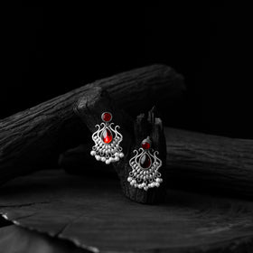 Red - saanjh bela lotus oxidised earrings - handcrafted