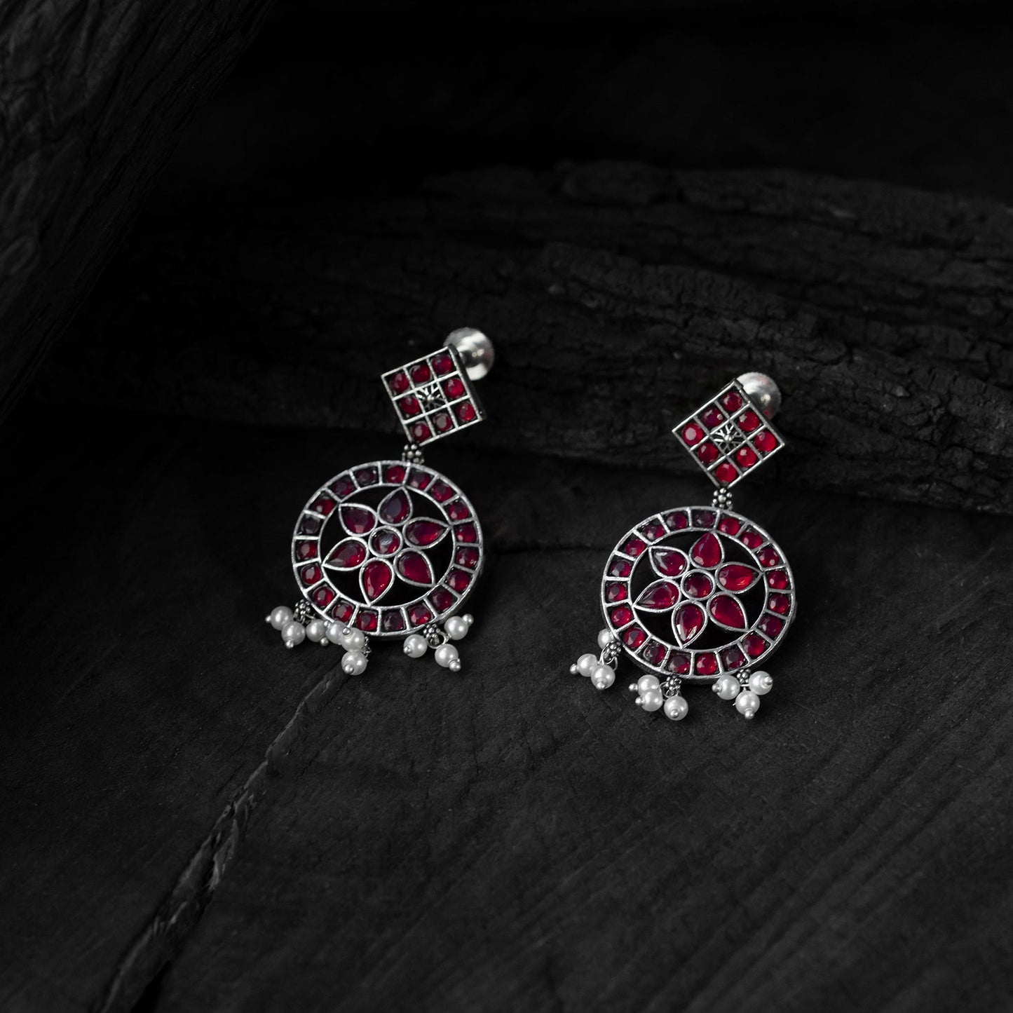 Red - saanjh bela lotus oxidised necklace set - handcrafted