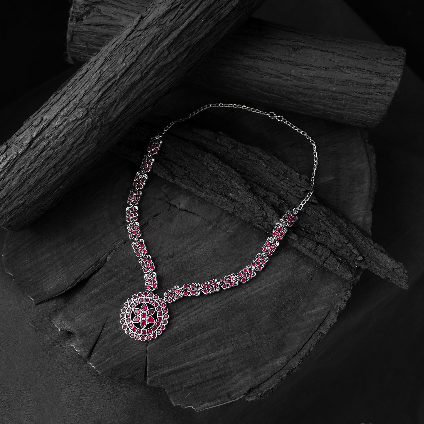 Red - saanjh bela lotus oxidised necklace set - handcrafted