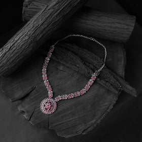 Red - saanjh bela lotus oxidised necklace set - handcrafted