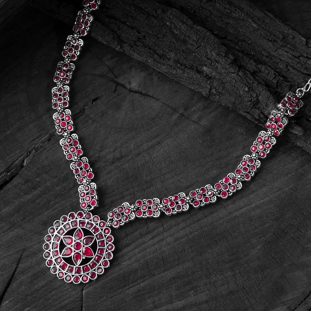 Red - saanjh bela lotus oxidised necklace set - handcrafted